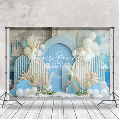 Lofaris Retro Wall Blue Balloons Summer Cake Smash Backdrop