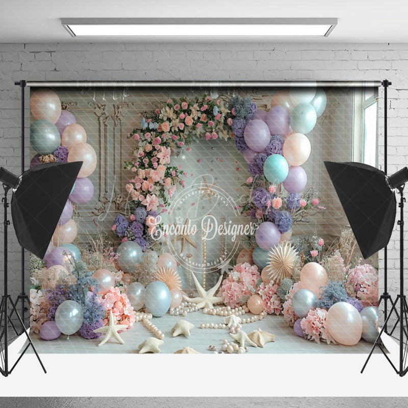 Lofaris Retro Wall Floral Shell Balloons Cake Smash Backdrop