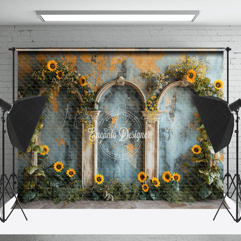 Lofaris Retro Wall Green Leaf Sunflower Cake Smash Backdrop