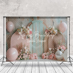 Lofaris Retro Wall Green Pink Floral Cake Smash Backdrop