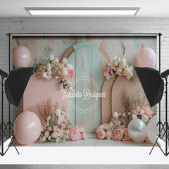 Lofaris Retro Wall Green Pink Floral Cake Smash Backdrop