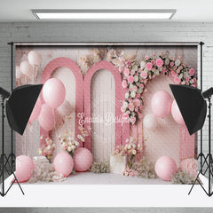 Lofaris Retro Wall Pink Floral Balloons Cake Smash Backdrop