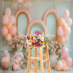 Lofaris Retro Wall Pink Green Balloons Cake Smash Backdrop