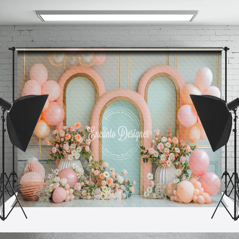 Lofaris Retro Wall Pink Green Balloons Cake Smash Backdrop