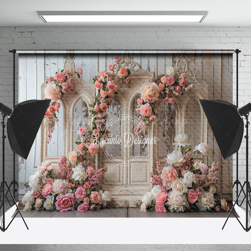 Lofaris Retro Wall Pink White Floral Wedding Photo Backdrop