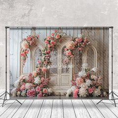 Lofaris Retro Wall Pink White Floral Wedding Photo Backdrop