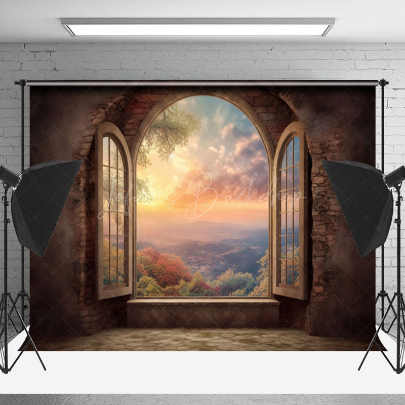 Lofaris Retro Wall Sunset Mountain Window Scenery Backdrop