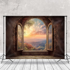 Lofaris Retro Wall Sunset Mountain Window Scenery Backdrop