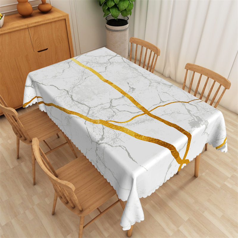 Lofaris Retro White Marble Golden Edge Rectangle Tablecloth