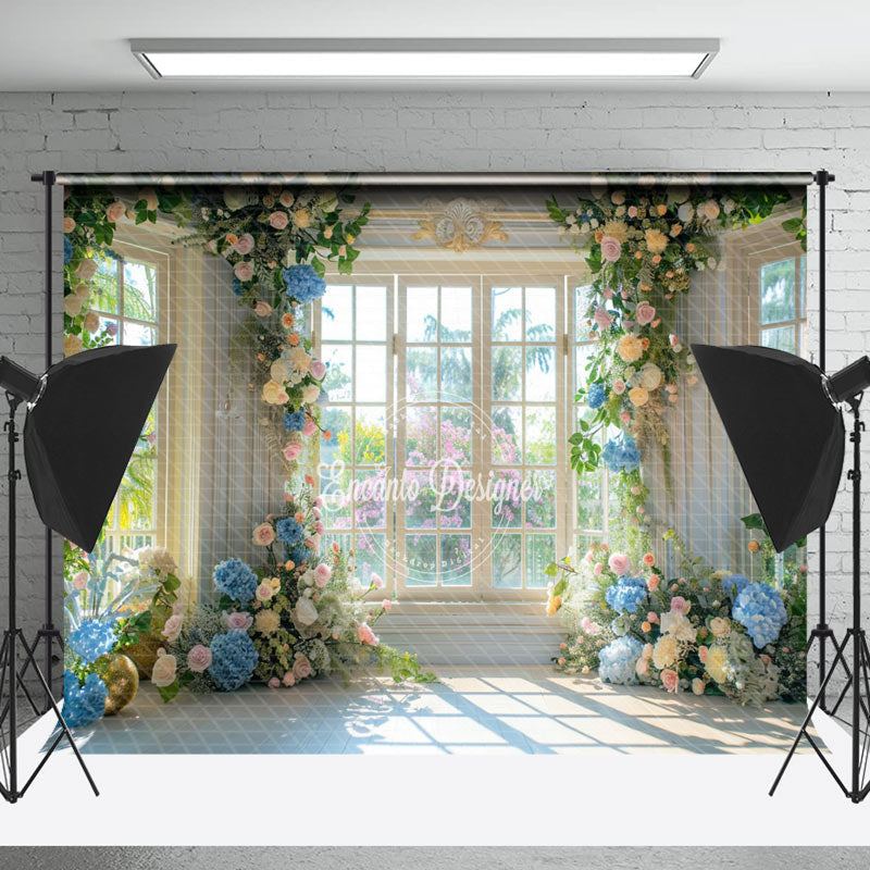 Lofaris Retro White Window Colorful Floral Wedding Backdrop