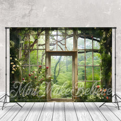 Lofaris Retro Wood Door Green Forest Floral Spring Backdrop