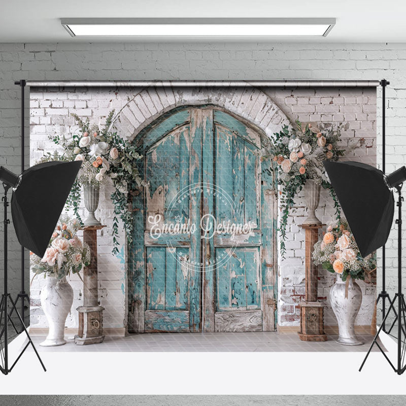 Lofaris Retro Wooden Door White Brick Wall Wedding Backdrop