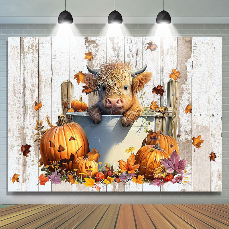 Lofaris Retro Wooden Pumpkin Autumn Cow Baby Shower Backdrop