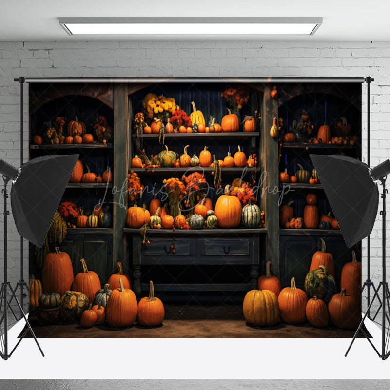 Lofaris Retro Wooden Showcase Pumpkins Autumn Photo Backdrop