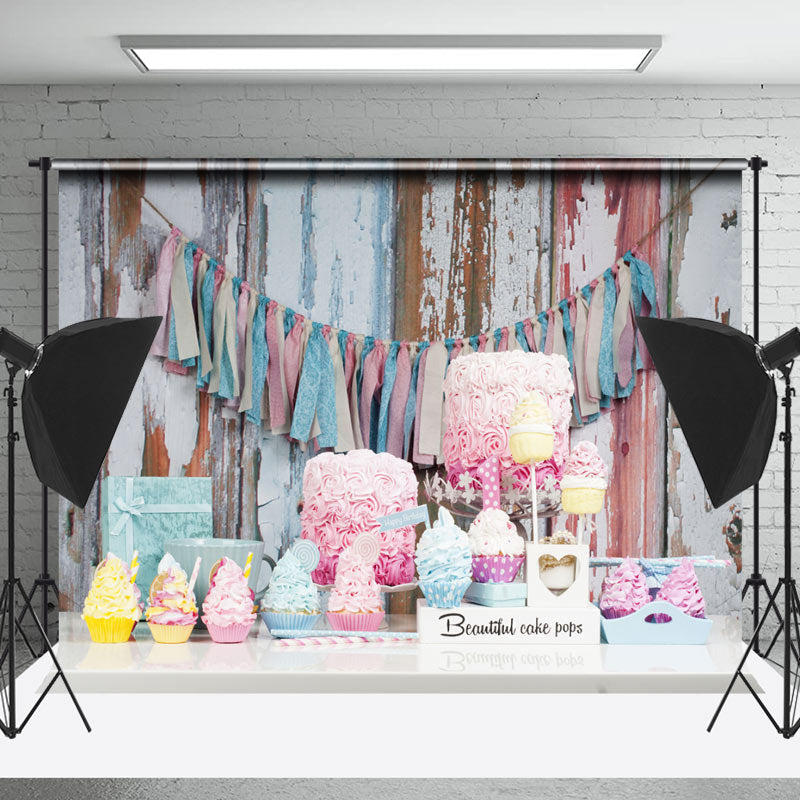 Lofaris Retro Wooden Wall Desserts Gift Cake Smash Backdrop