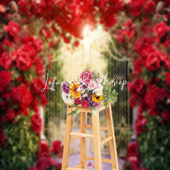 Lofaris Romantic Red Floral Wreath Gold Gate Photo Backdrop