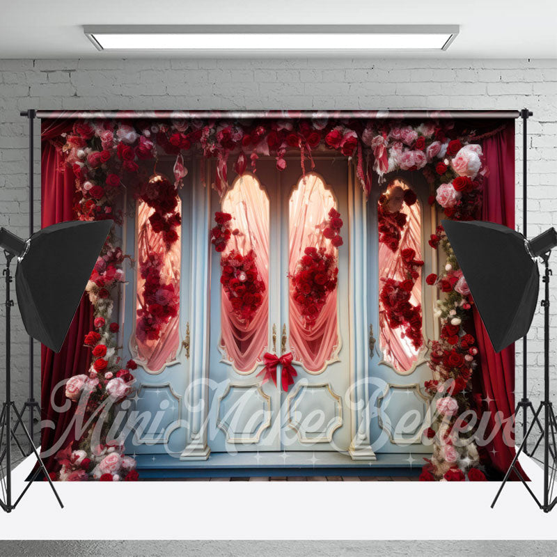 Lofaris Romantic White Door Red Rose Curtain Floral Backdrop