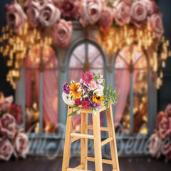 Lofaris Rose Decorated Arched Window With Lights Backdrop