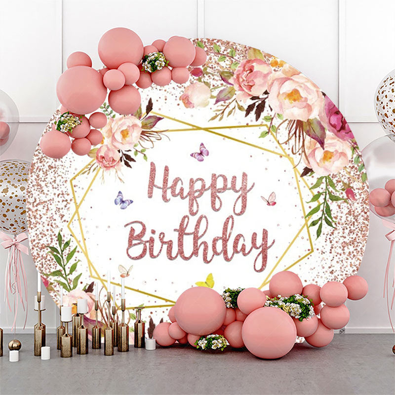 Lofaris Rose Gold Glitter Floral Round Birthday Backdrop