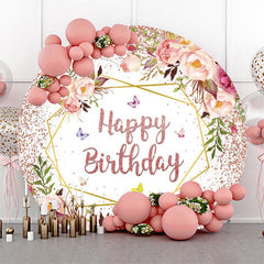 Lofaris Rose Gold Glitter Floral Round Birthday Backdrop