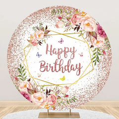 Lofaris Rose Gold Glitter Floral Round Birthday Backdrop