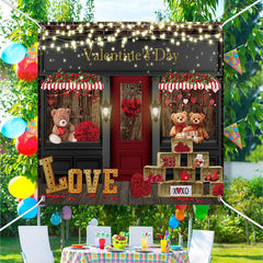 Lofaris Rose Shop Door Bears Light Valentines Day Backdrop