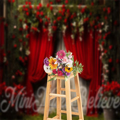 Lofaris Roses Red Curtain Wood Door Grass Photo Backdrop