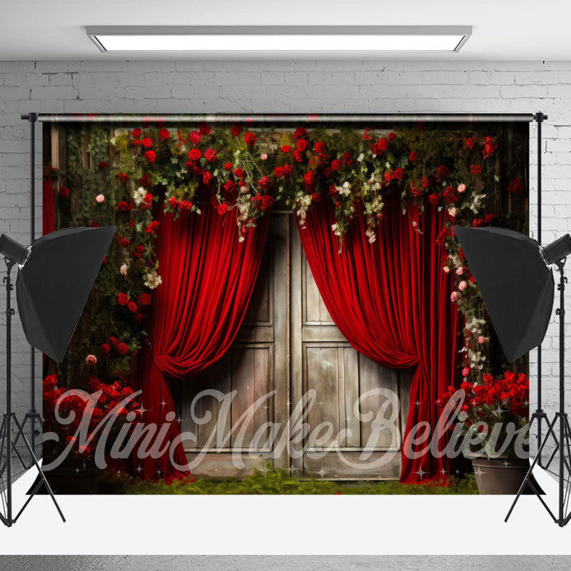 Lofaris Roses Red Curtain Wood Door Grass Photo Backdrop