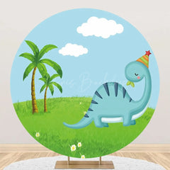 Lofaris Round Blue Dinosaur Green Lawn Palm Trees Backdrop