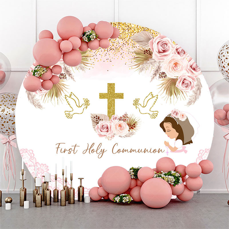 Lofaris Round Boho Floral Holy Communion Baptism Backdrop