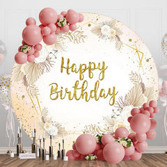 Lofaris Round Boho Glitter Floral Happy Birthday Backdrop