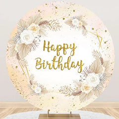 Lofaris Round Boho Glitter Floral Happy Birthday Backdrop