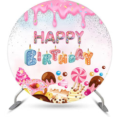 Lofaris Round Candyland Donuts Cream Happy Birthday Backdrop