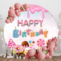 Lofaris Round Candyland Donuts Cream Happy Birthday Backdrop