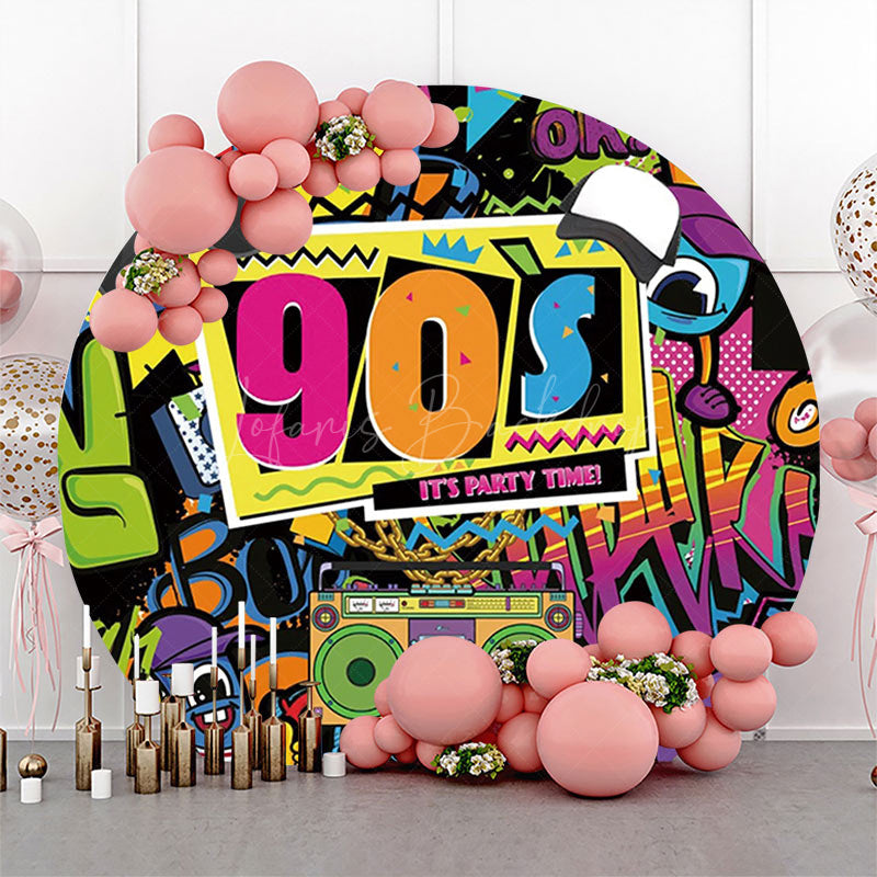 Lofaris Round Colorful Graffiti 90s Disco Party Backdrop