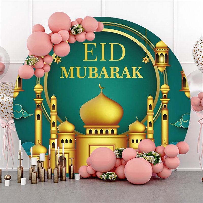 Lofaris Round Gold Palace Lantern Green Eid Mubarak Backdrop