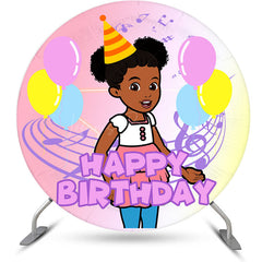 Lofaris Round Musical Balloons Girl Happy Birthday Backdrop