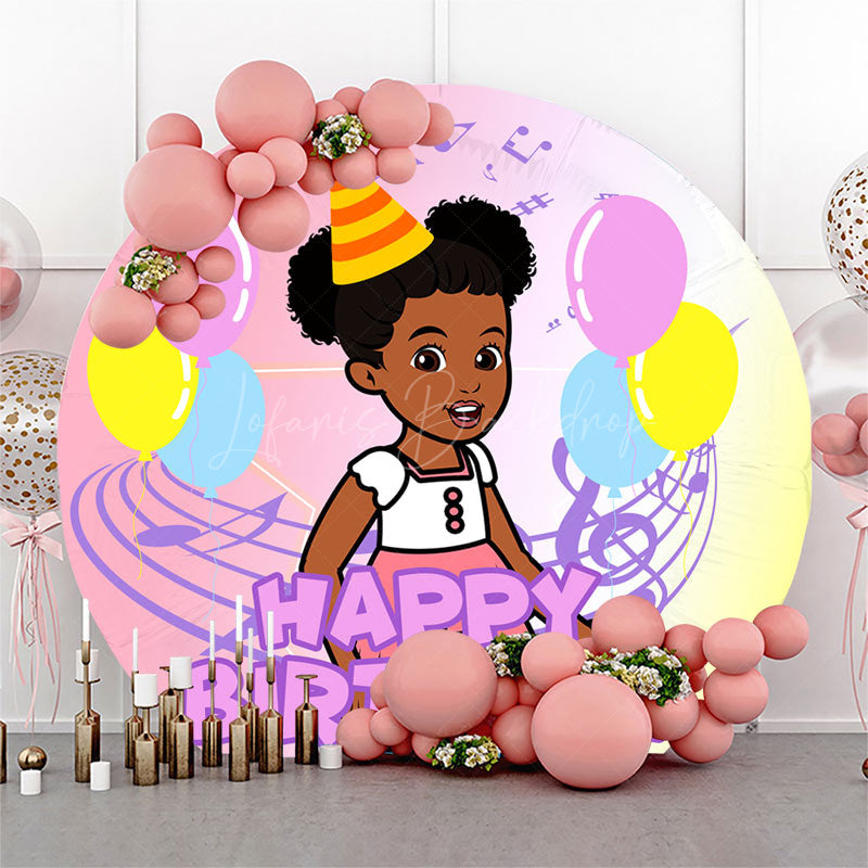 Lofaris Round Musical Balloons Girl Happy Birthday Backdrop