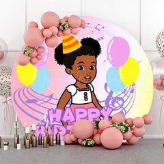 Lofaris Round Musical Balloons Girl Happy Birthday Backdrop