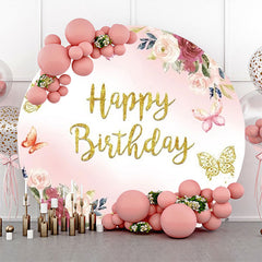 Lofaris Round Pink Floral Butterfly Gold Birthday Backdrop