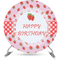 Lofaris Round Pink Red Strawberry Happy Birthday Backdrop