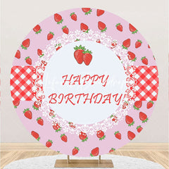 Lofaris Round Pink Red Strawberry Happy Birthday Backdrop