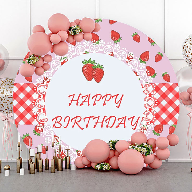 Lofaris Round Pink Red Strawberry Happy Birthday Backdrop