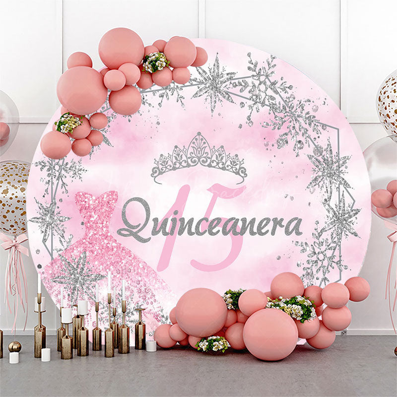 Lofaris Round Pink Silver Sparkle 15th Birthday Backdrop