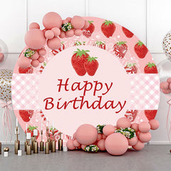 Lofaris Round Pink Strawberry Plaid Happy Birthday Backdrop