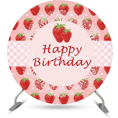 Lofaris Round Pink Strawberry Plaid Happy Birthday Backdrop