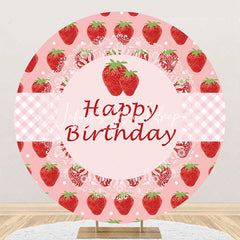 Lofaris Round Pink Strawberry Plaid Happy Birthday Backdrop