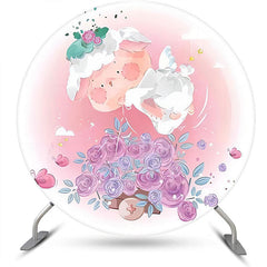 Lofaris Round Pink White Floral Rabbit Baby Shower Backdrop