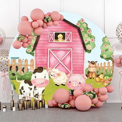 Lofaris Round Pink Wood Barn Floral Animal Birthday Backdrop