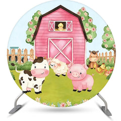 Lofaris Round Pink Wood Barn Floral Animal Birthday Backdrop